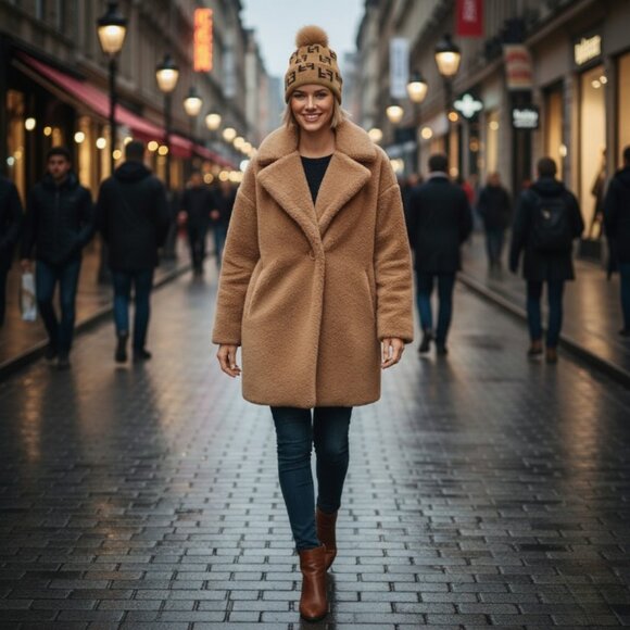 Knit Beanie Tuque with Faux Fur Pom – Brown & Tan Double F Pattern Hat - Picture 7 of 16